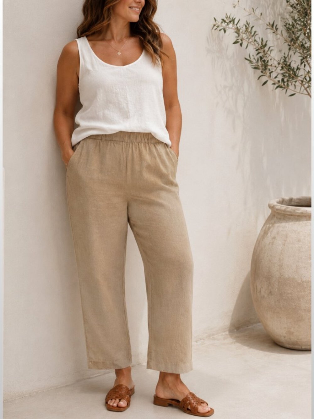 Quince 100% European Linen Crop Pants Color Driftwood L Coastal Quiet Luxury NWT